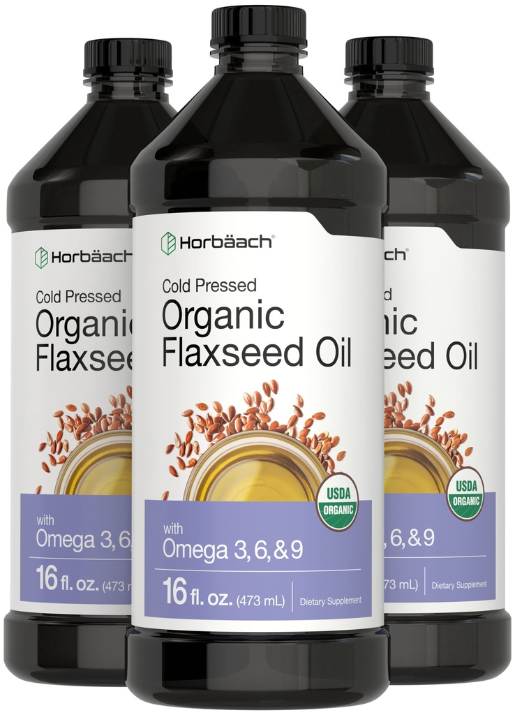 Horbäach Organic Flaxseed Oil | 3 Pack | 16 fl oz כל אחד | Cold Pressed | עם אומגה 3, 6, 9 | Vegetarian, non-GMO, Gluten Free Liquid נוזלי