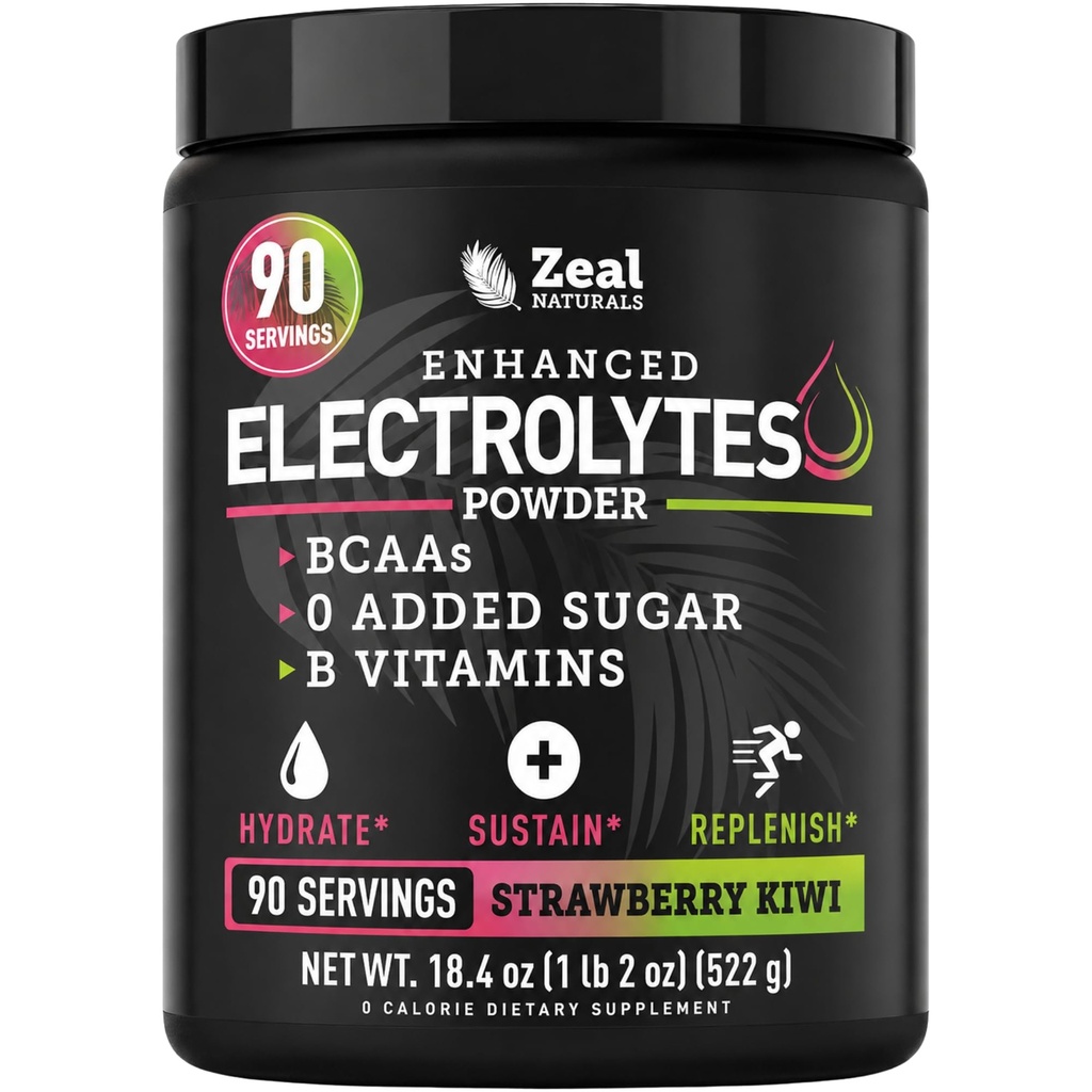 Zeal Naturals Electrolyte אבקת Recovery לשתות (90 מנות | Strawberry קיווי) w 0 Sugar +BCAAs +B-Vitamins Electrolyte תוסף wassium Zinc & Magnesium עבור הידרה - Keto אלקטרוליטטס
