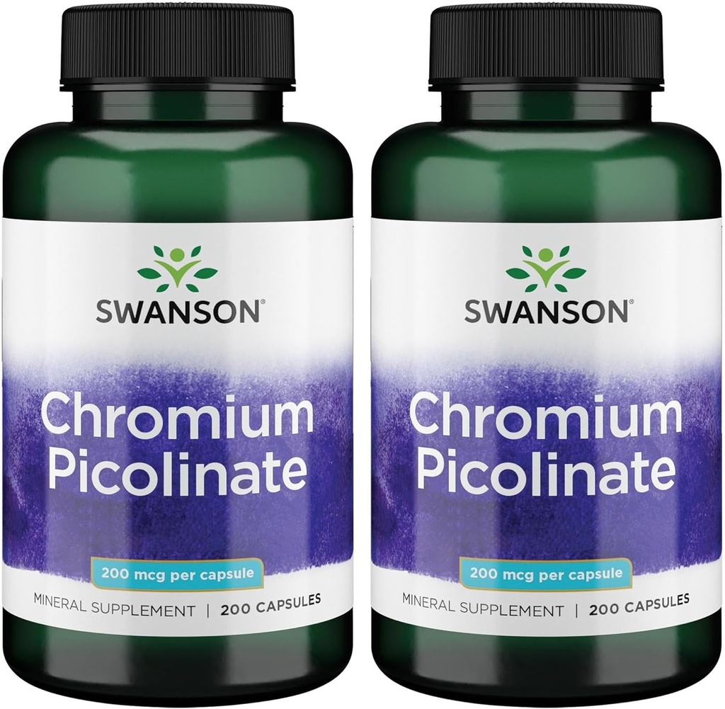 Swanson Chromium Picolinate - תוספת טבעית לקידום מטבוליזם וניהול משקל - תומך רמות סוכר בדם בריא כבר בטווח הרגיל - 200 קפסולות, 200mcg כל) 2 Pack