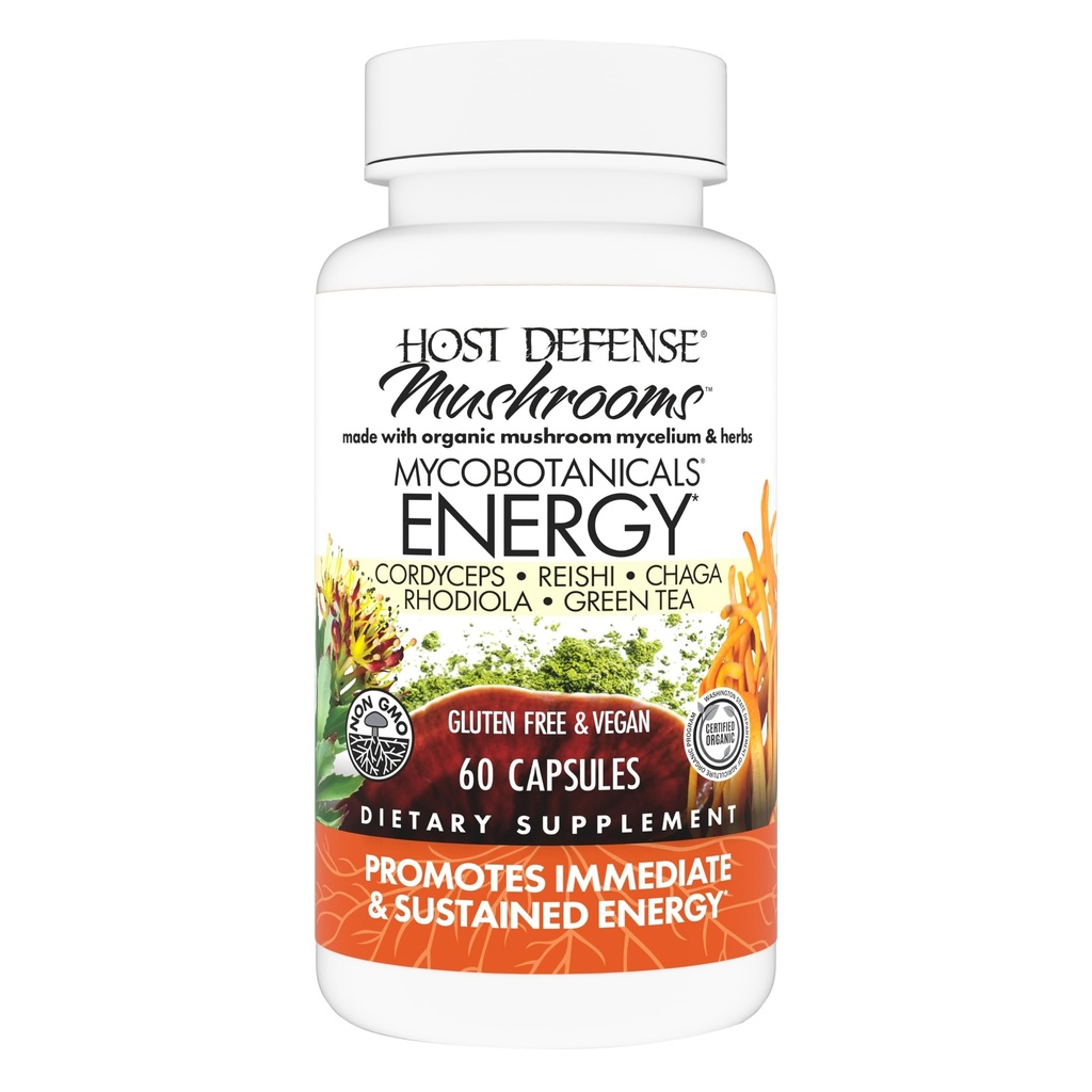 Host Defense MycoBotanicals Energy * קפסולות - אנרגיה & הנשימה תוספת תמיכה - קפסולות תה ירוק צמחי - תוספת הנשימה עם Cordyceps, Reishi & Chaga - 60 קפסולות (30 משרתים)