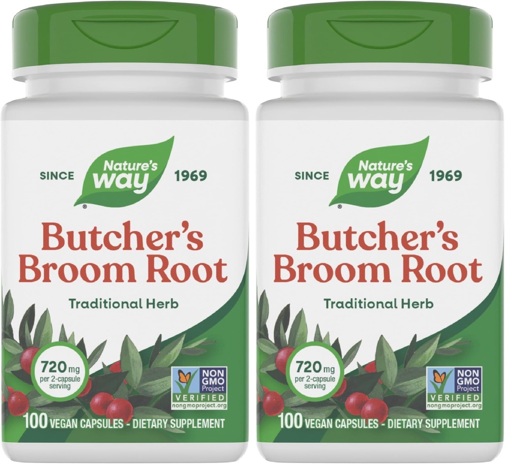 Nature's Way Butcher's Broom Root, מסורתית Leg Vein Support*, 100 קפסולות טבעוניות (Pack of 2)