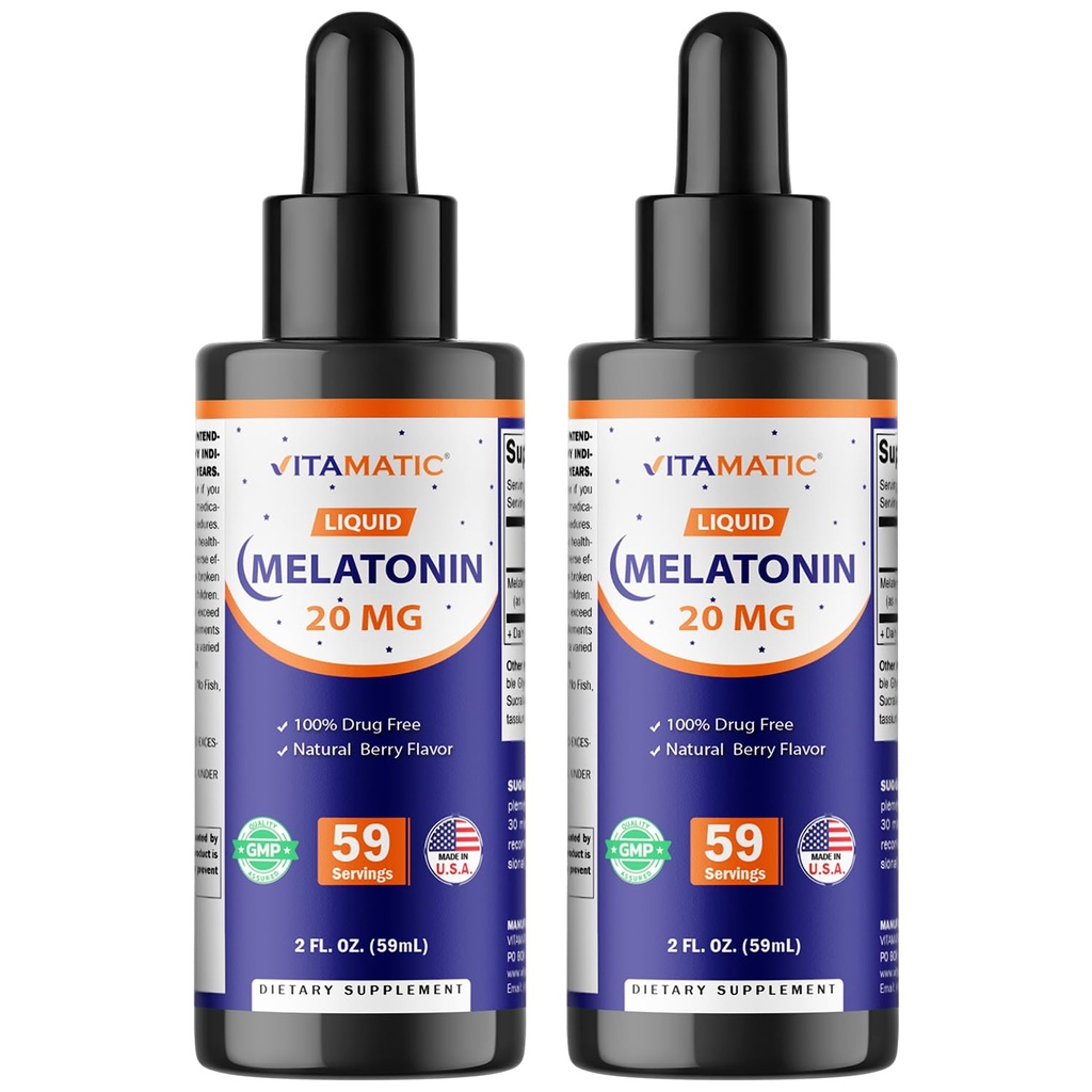 Vitamatic 2-Pack Melatonin 20mg נוזל טיפות - 2 fl oz (59 מ"ל) כל אחד - טבעי ברי פלאמור - non-GMO, תוסף צמחוני למבוגרים