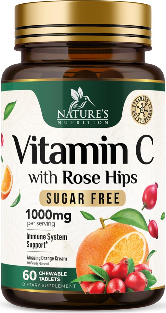 ויטמין C Chewable 1000 מ"ג - תוספת עוצמה Antioxidants for Powerful Immune Support w/Vitamin C & Rose HIPS - תוספי VIT C Chews, Natural Orange Flavor, טבעוני, non-GMO - 60 טבליות