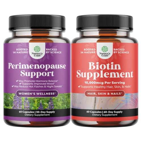 Bundle של Perimenopause עבור נשים - סיוע Multibenefit Menopause עבור נשים וגלומות ביוטין טהור עבור נשים גברים - להפסיק נשירת שיער רזה תוספת טבעית עבור שיני תיק שיער צמיחה