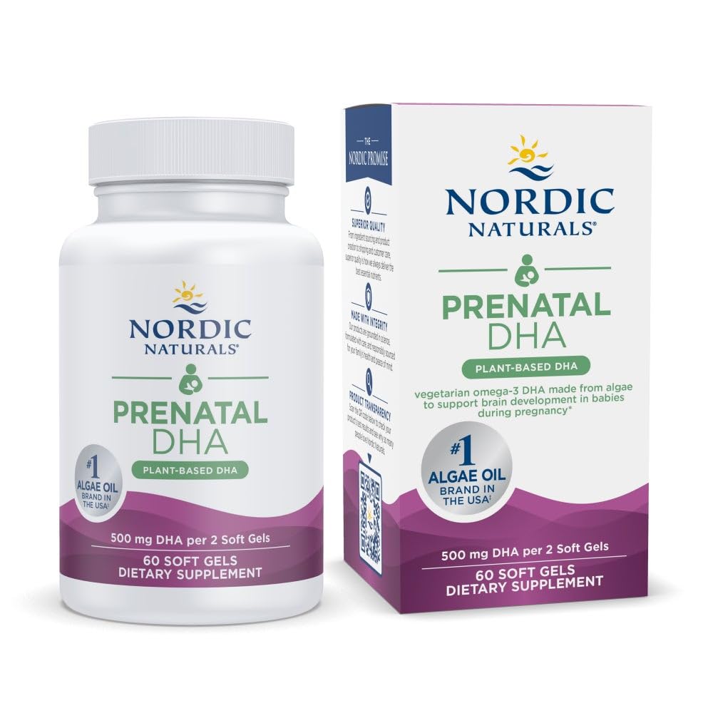 Nordic Naturals טבעוני טרום לידתי DHA, Unflavored - 60 Soft Gels - 500 מ"ג צמחי מבוסס DHA - תומך בפיתוח המוח אצל תינוקות בהריון בריא - לא-GMO - 30 משרתות