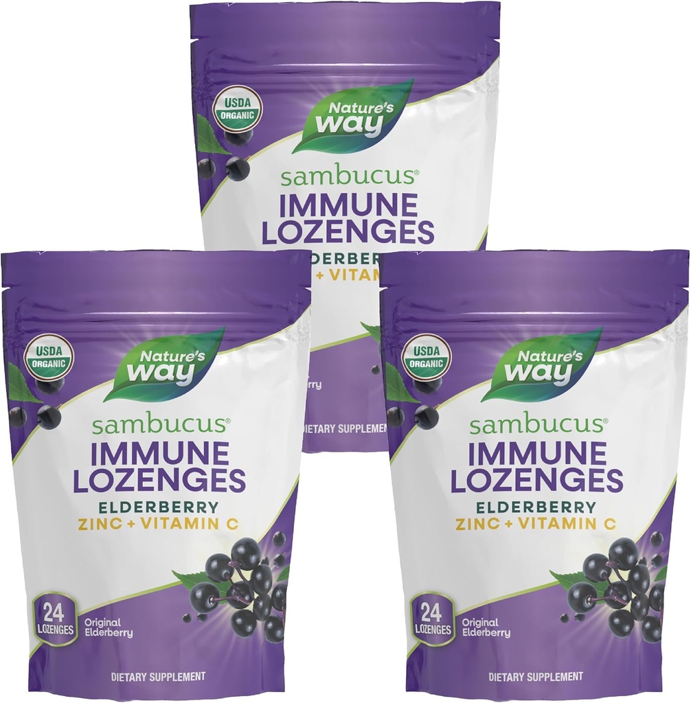 דרכו של הטבע Sambucus Immune Lozenges, Zinc + ויטמין C, Black Elderberry לחלץ, USDA מוסמך אורגני, מקורי ברי פלפורד, 24 Lozenges (Packaging May Vary) - 3 Pack