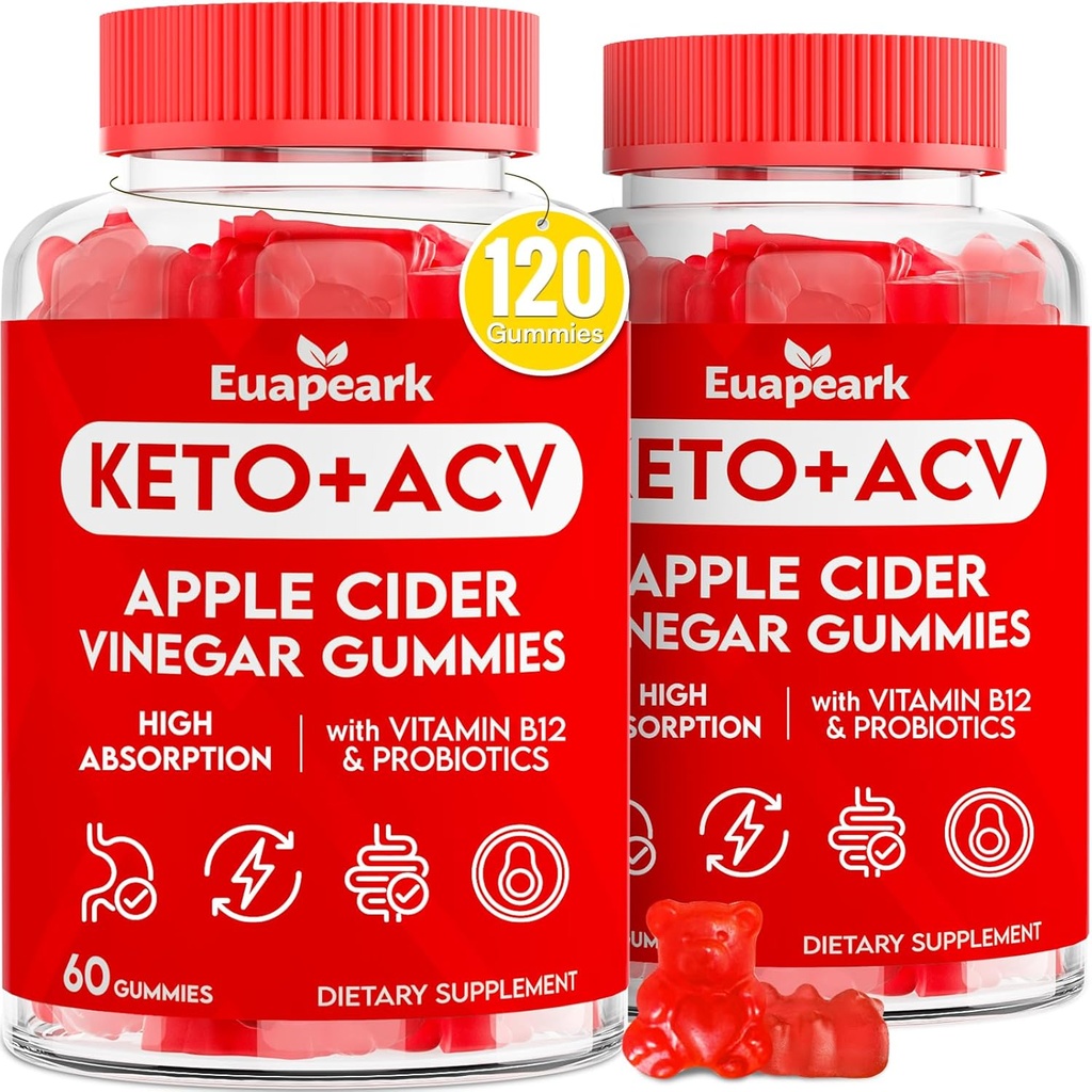 Apple Cider Vinegar Gummies, Keto ACV Gummies עם Probiotics, ויטמין B12 & Keto תמיכה, 2000 מ"ג ACV עם אמא עבור Digest, Metabolism, ניקוי ו Detox Diet, טבעוני, סוכר נמוך, 120 Counts