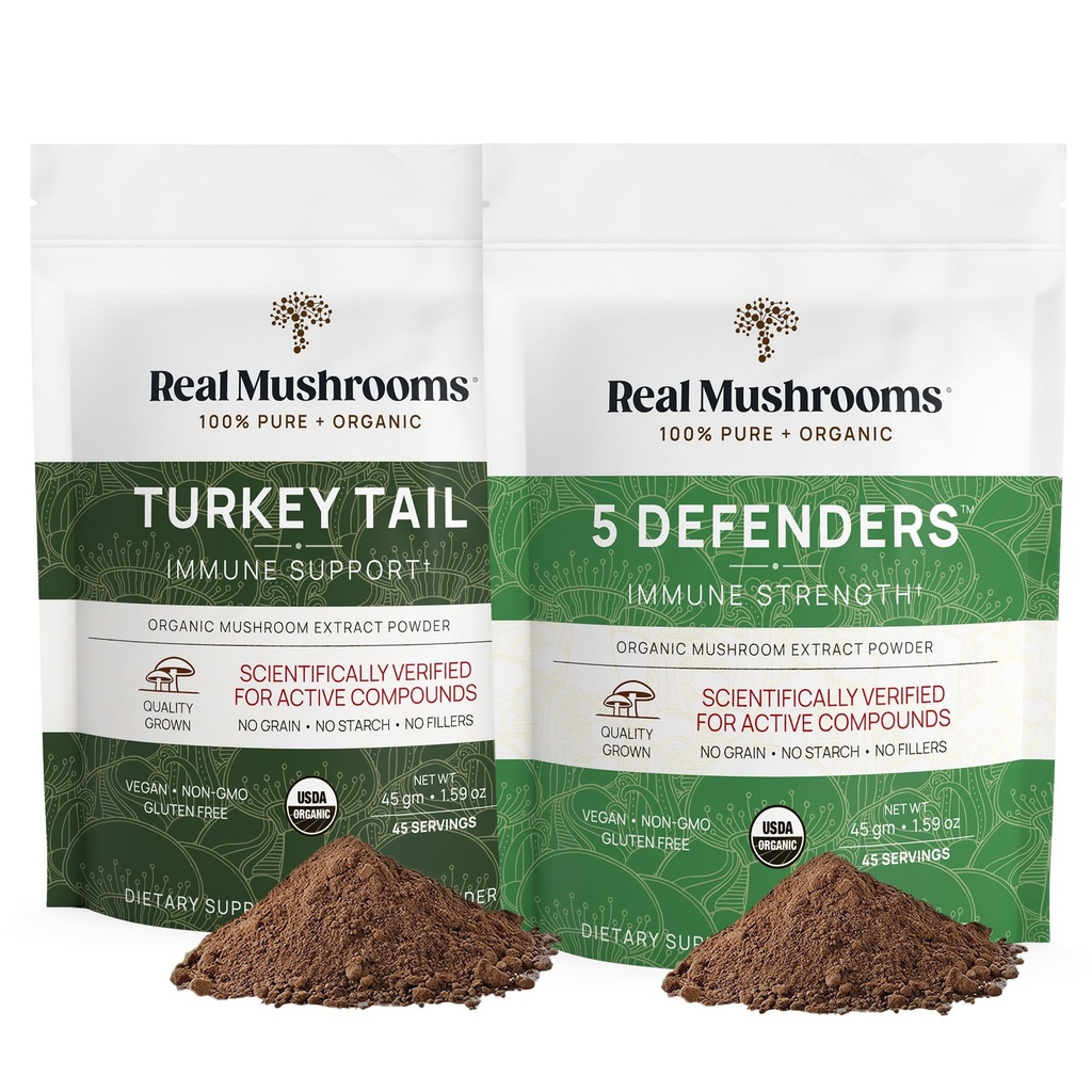 Real Mushrooms טורקיה Tail (45g) ו 5 Defenders (45g) אבקת תמצית Mushroom Bundle - תוסף Mushroom עבור כוח Immune - טבעוני, Non-GMO Immunity תוסף