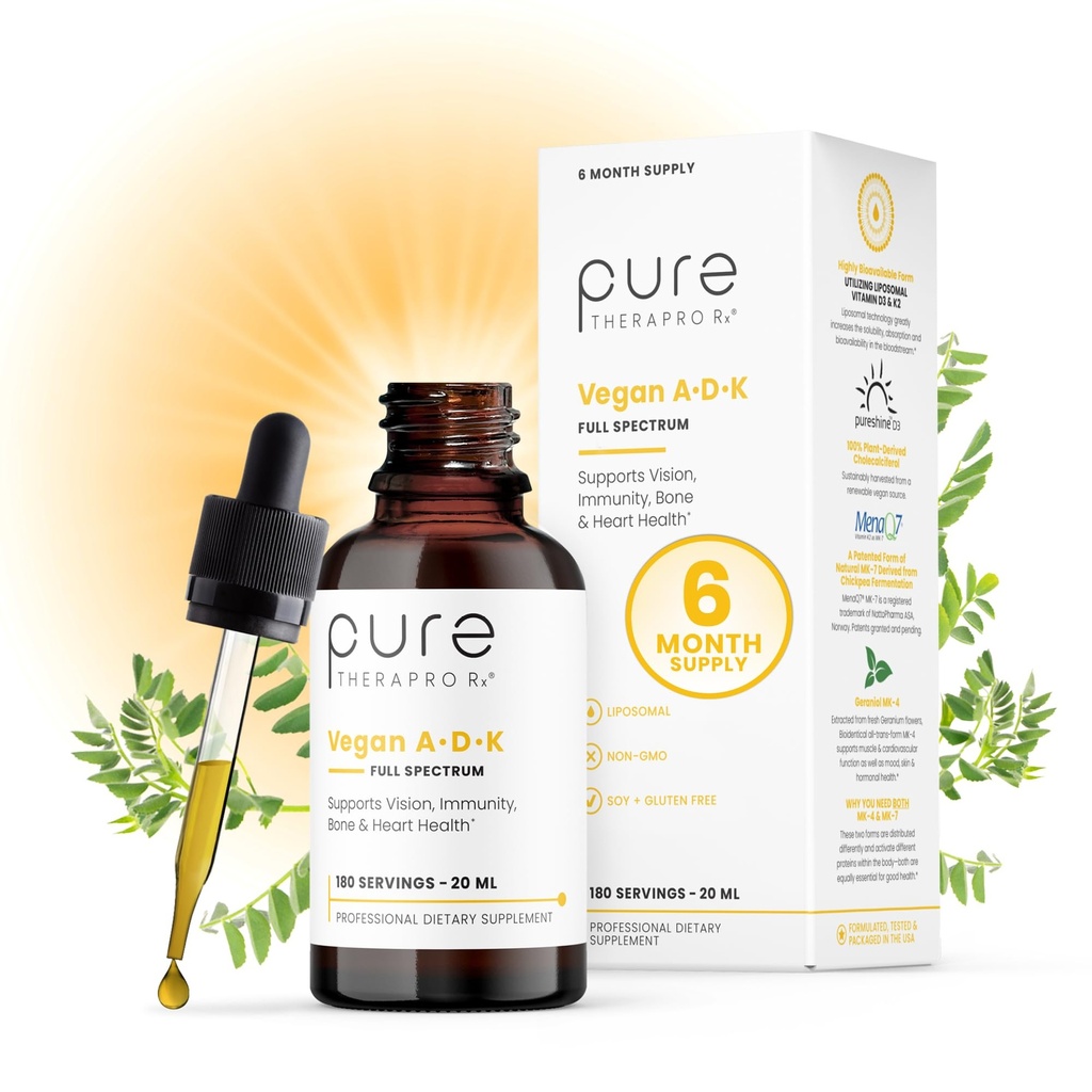 Pure TheraPro Rx טבעוני A-D-K Drops-6 Mon Supply-Vitamin A(PAmitate & Betacarotene), ויטמין D3 (כמו cholecalciferol טבעוני), ויטמין Lposomal K2(MK-4 & MK-7) Supports Immunity & Bone Health-20mL