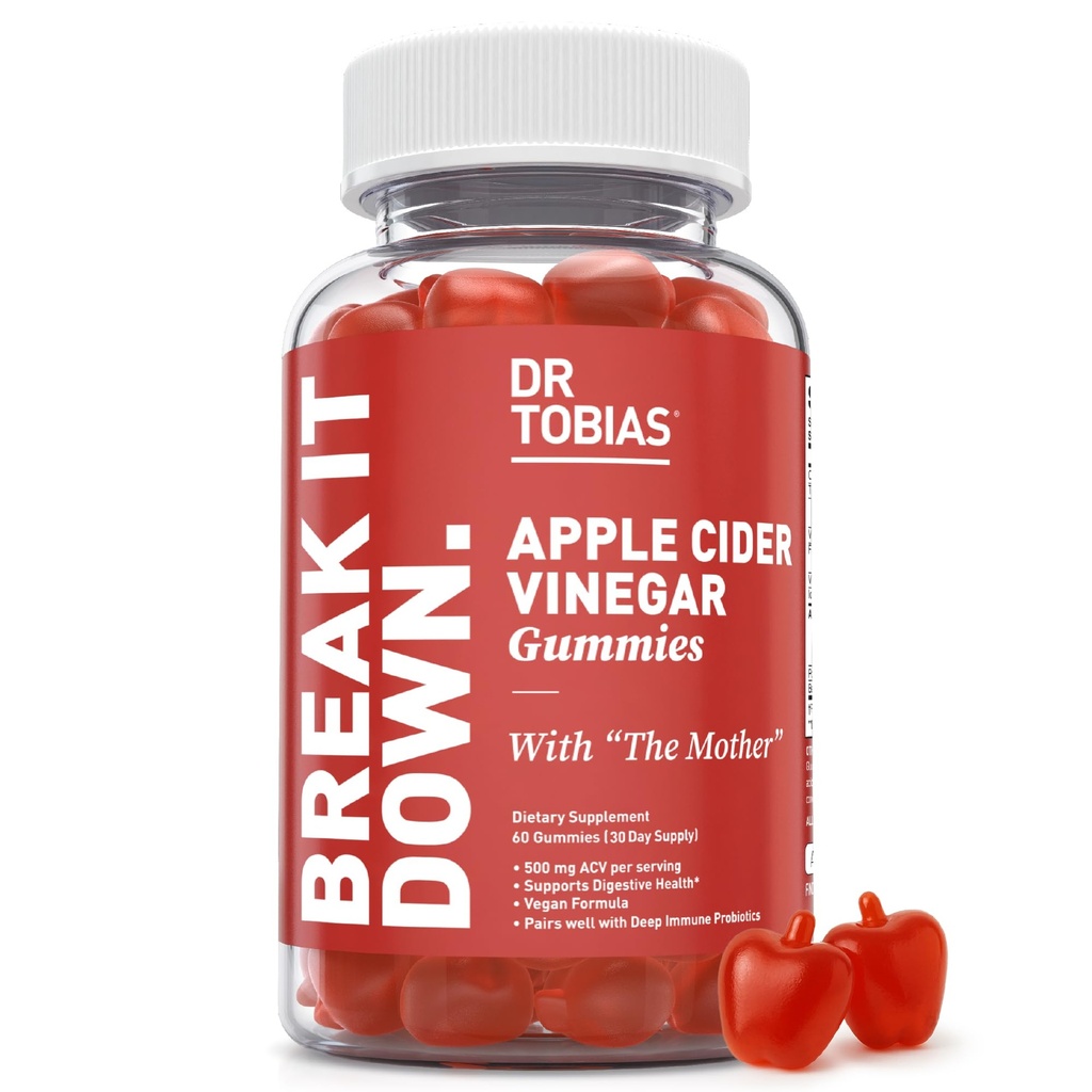 ד"ר Tobias Apple Cider Vinegarmies with the Mother, 500 מ"ג ACV לשרת, Plus Folate, B6, B12 & Iodine, Supports Digestive Health, Gut Cleanse & Detox, טבעוני, 60 מסטיקנים