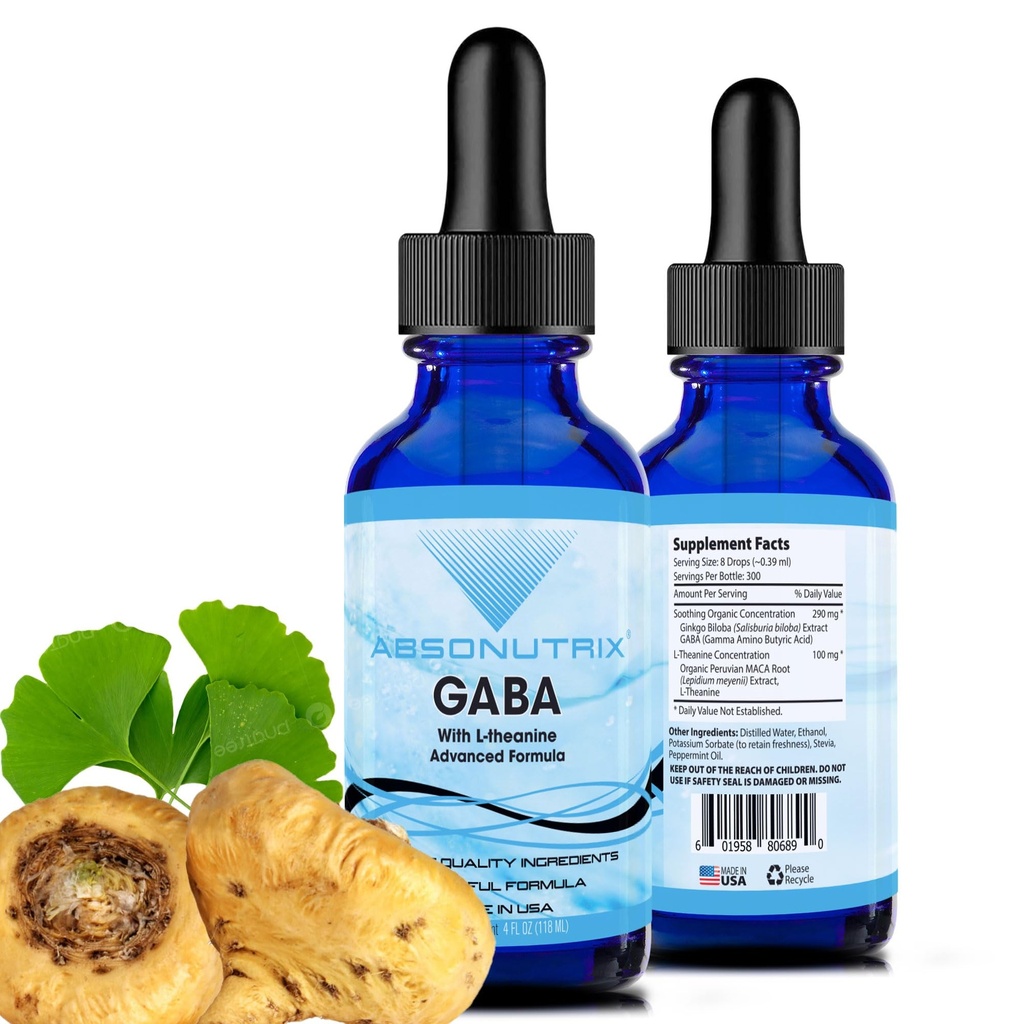 Absonutrix GABA עם L-theanine 290 מ"ג, 4 Oz נוזל, 300 משרתות, מיוצר בארה"ב, Quick Absorption, Quality Potent Ingredients, Non-GMO, GMP Certified Facility, Cruelty-Free Products