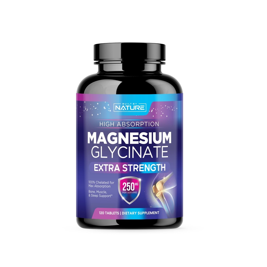 Magnesium Glycinate 250mg - High Absorption Chelated Magnesium תוסף - 100% מגנזיום טהור Glycinate - מתח, שינה, לב ותמיכה בריאות השרירים - non-GMO, טבעוני, Gluten-Free (120 טבליות)