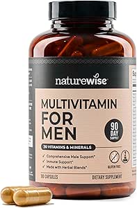 NatureWise Multivitamin for Men - Daily Male Support - מינרלים & Herbs for Energy, Performance, Immunity - עם ויטמין A, C, D, B-Complex - Soy & Gluten-Free, non-GMO - 180 קפסולות.