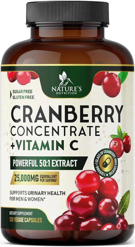 קריין גלולות 25,000 מ"ג - ויטמין C Cranberry גבוה לנשים וגברים, תמיכה בריאות דלקתית שתן, סוכר חינם, Gluten חינם, non-GMO, Cranberry ריכוזי לחלץ - 120 קפסולות