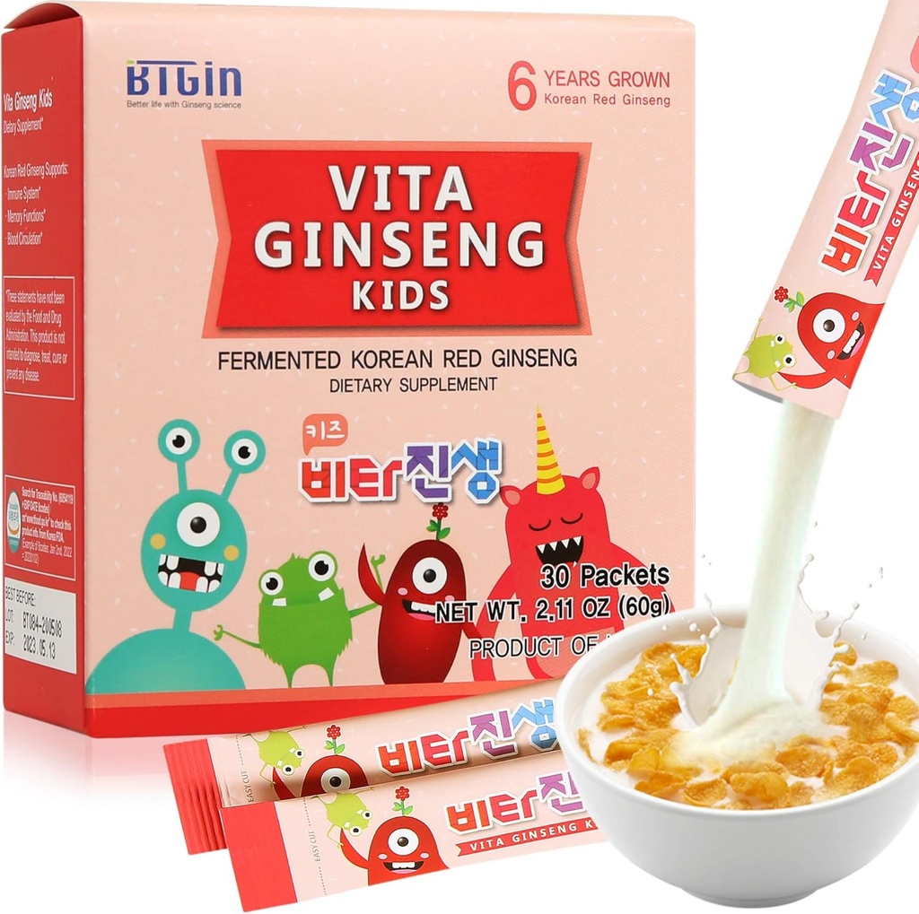 Vita גינזנג ילדים, ויטמין D, Zinc, 7 Berries, בננה, 20 ירקות, אבקת חלב לתמיכה בחיסון, Focus and Memory Boost, 30 Packets (1Set)