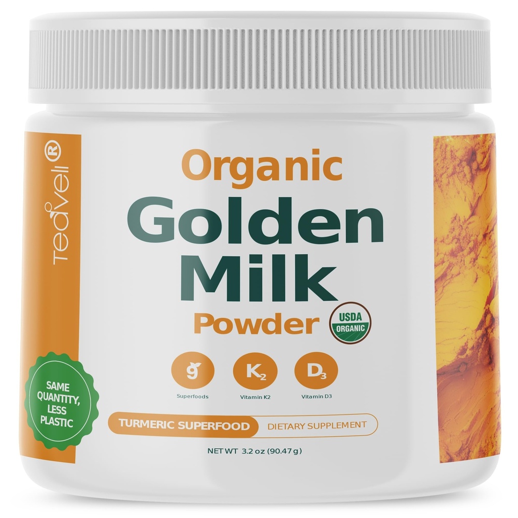 אבקת חלב אורגני זהב עם ויטמין D3 & K2, Turmeric, ג'ינג'ר, Curcumin, Cinnamon, KSM66 Ashwagandha, Holyזיל & Natural Prebiotics - תה טורמרי לא ממותק Latte- 30 משרתים
