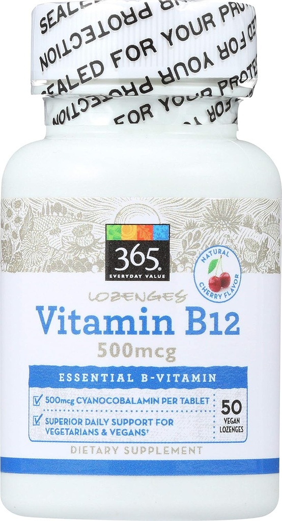 365 על ידי Whole Foods Market, ויטמין B12 500mcg Lozenges, Cherry Flavor, 50 ct