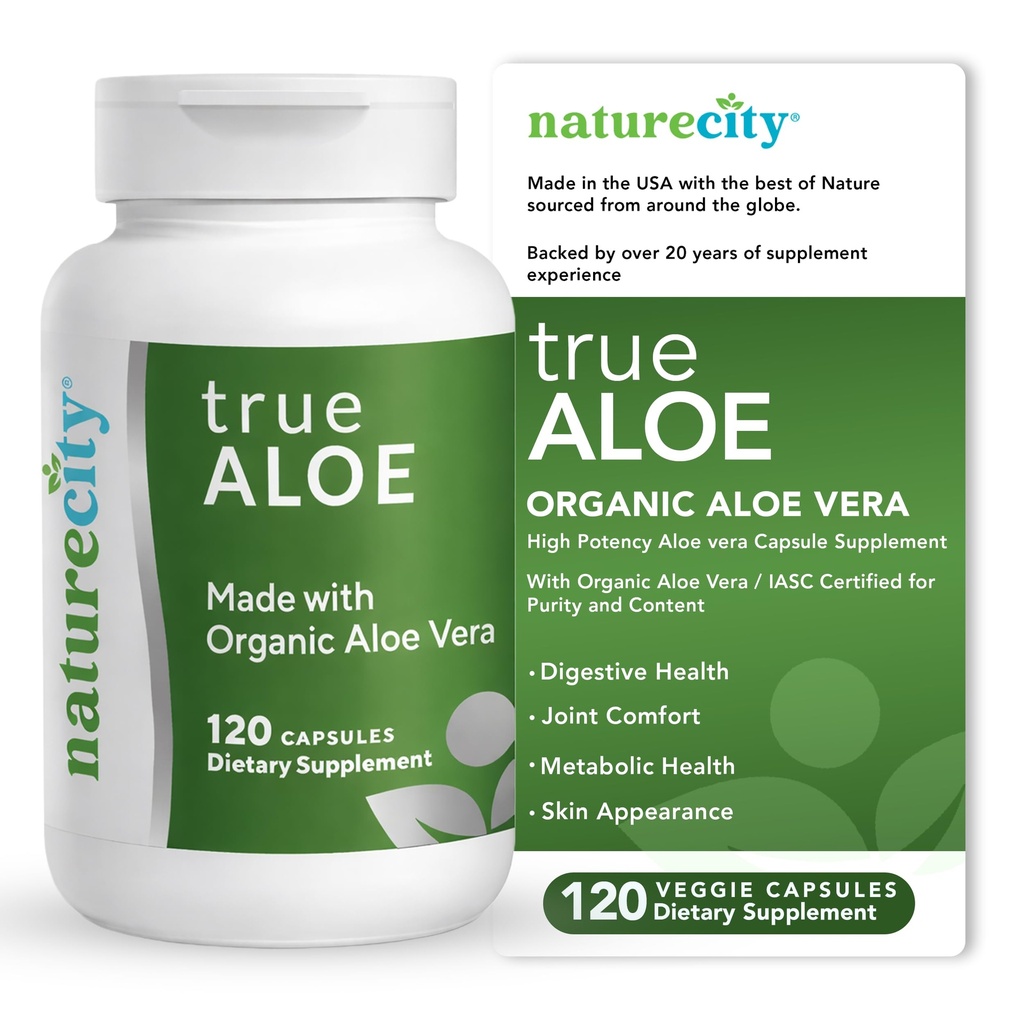 NatureCity True-Aloe Gut Health Support - 80,000mg Aloe Vera Gel Equivalent Per Serve - אורגני Aloe Vera (120 קפסולות) עבור Digestive, Skin & Joint Support