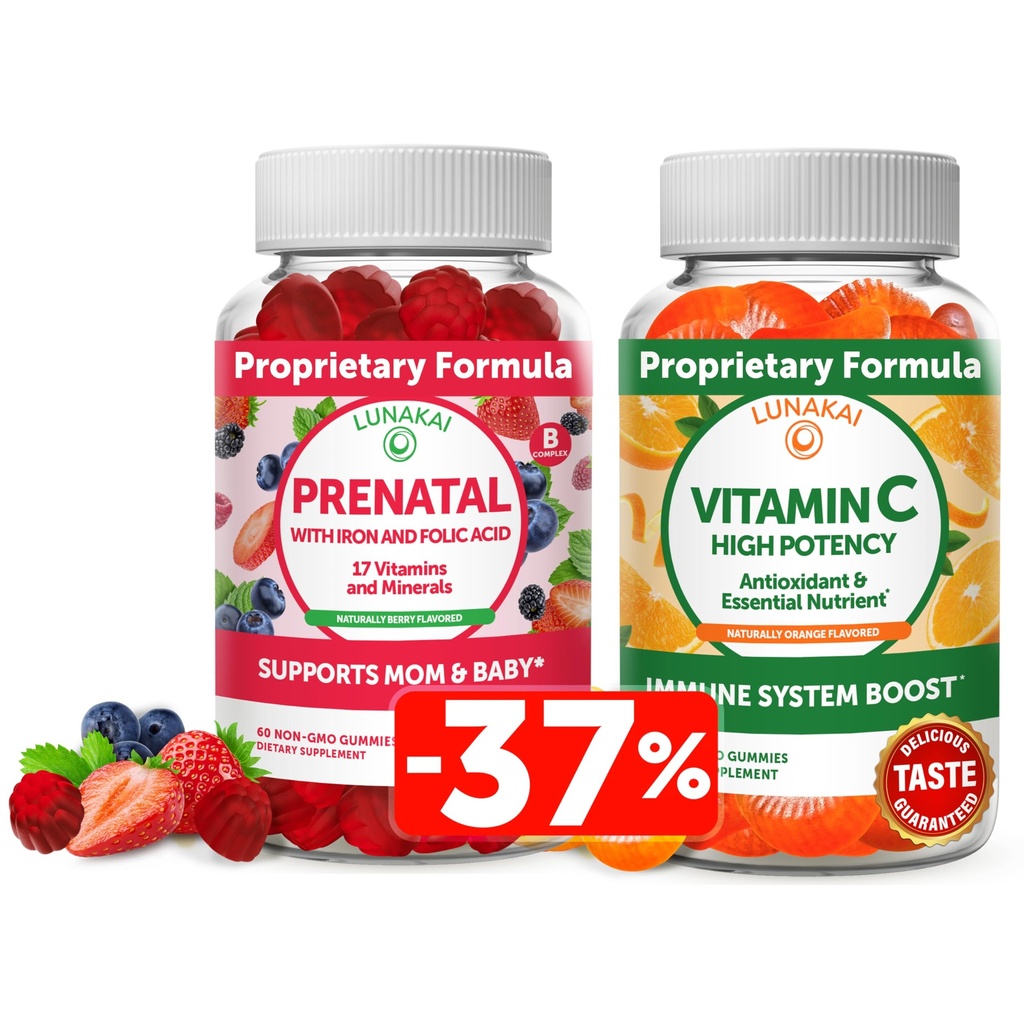 לונהקאי Prenatal ו ויטמין C מסטיק בונדלה - תוספת הריון Multivitamin עם Iron & Folic Acid - 300 מ"ג אורגני, non-GMO, חניכיים טבעונית - 30 ימים אספקה