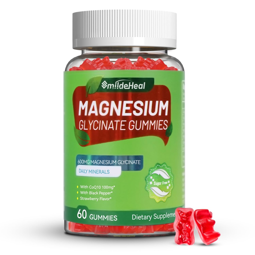 מגנזיום Glycinate Gummies 600 מ"ג לנשים וגברים, עם Magnesium L-Threonate 300 מ"ג, CoQ10 ו Black Pepper, טבעוני (60 Count)