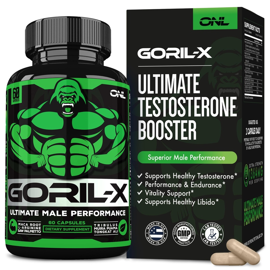GORIL-X טסטוסטרון Booster עבור גברים - תוסף טסטוסטרון Workout - הגדלת גודל, כוח ואנרגיה - 1000 מ"ג זכר Enhancing Horyt Weed - Maca Root, Tongkat Ali & Tribulus Terrestris 60