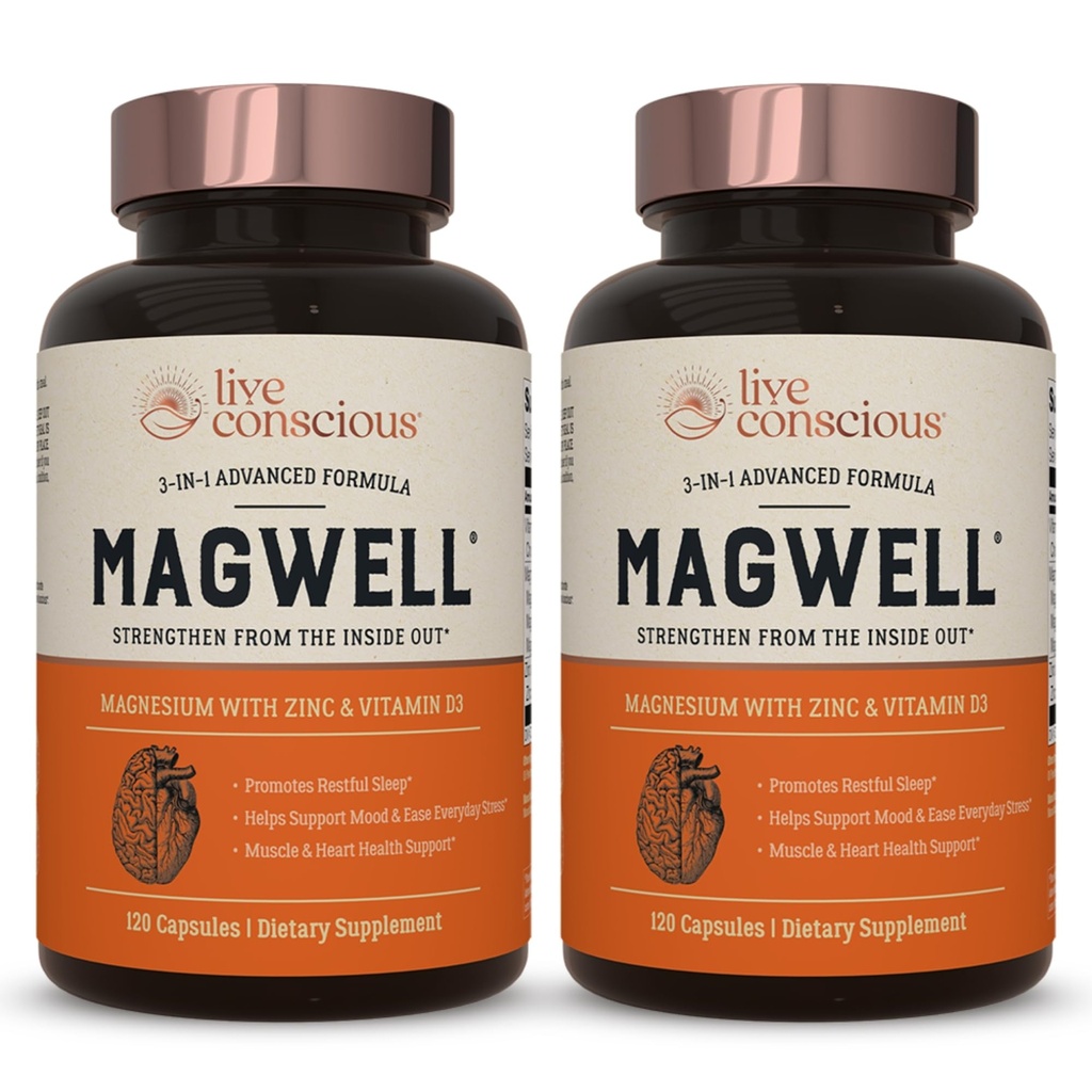 Live Conscious Magnesium Zinc & ויטמין D3 - Bioavailable Forms of Magnesium - Malate, Glycinate, Citrate - MagWell Bone & Heart Health, Immune System Support - 120 קפסולות (2-Pack)