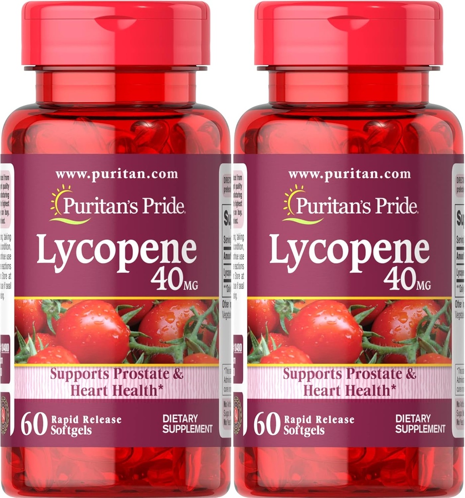 גאווה של Puritan's Pride Premium Lycopene 40 מ"ג, תוספת תזונתית עבור Prostate, Antioxidant, Heart Health ותמיכה כללית בריאות, 2 חודשים אספקה, 60 Rapid Release Softgels, 2 Pack