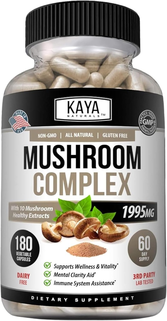 Kaya Naturals Premium Mushroom Complex Potent - תוסף Mushroom - קפסולות מורכבות Mushroom 1995mg Per Serve - איידס מערכת בריאות הנפש תמיכה מערכת החיסון, בריאות ו Vitality - 180 Count Count