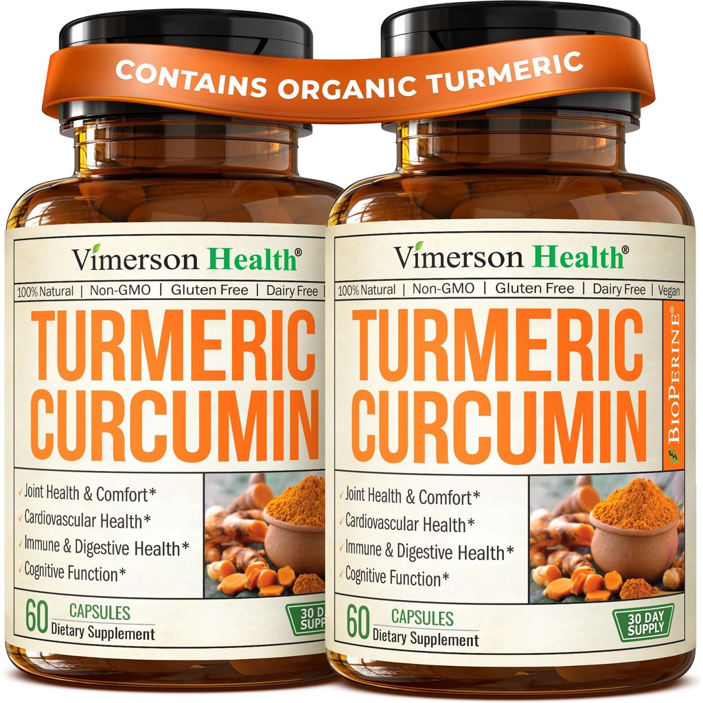 תוסף Turmeric Curcumin עם Black Pepper Extract - High Potency אורגני Turmeric 1200 מ"ג ו-95% Curcuminoids לבריאות משותפת & Digests - תוספת תמיכה משותפת - 60 קפסולות Curcuma - 2 Pack