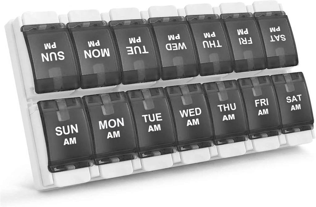 Sukuos AM PM שבועי 7 יום גלולות מארגנת, 2 פעמים A Day Pill Box with Arthritis Friendly Push Button, Medicine Cases forוויטמין/Fish Oil/Supplements, Easy to נקיים (שחור)
