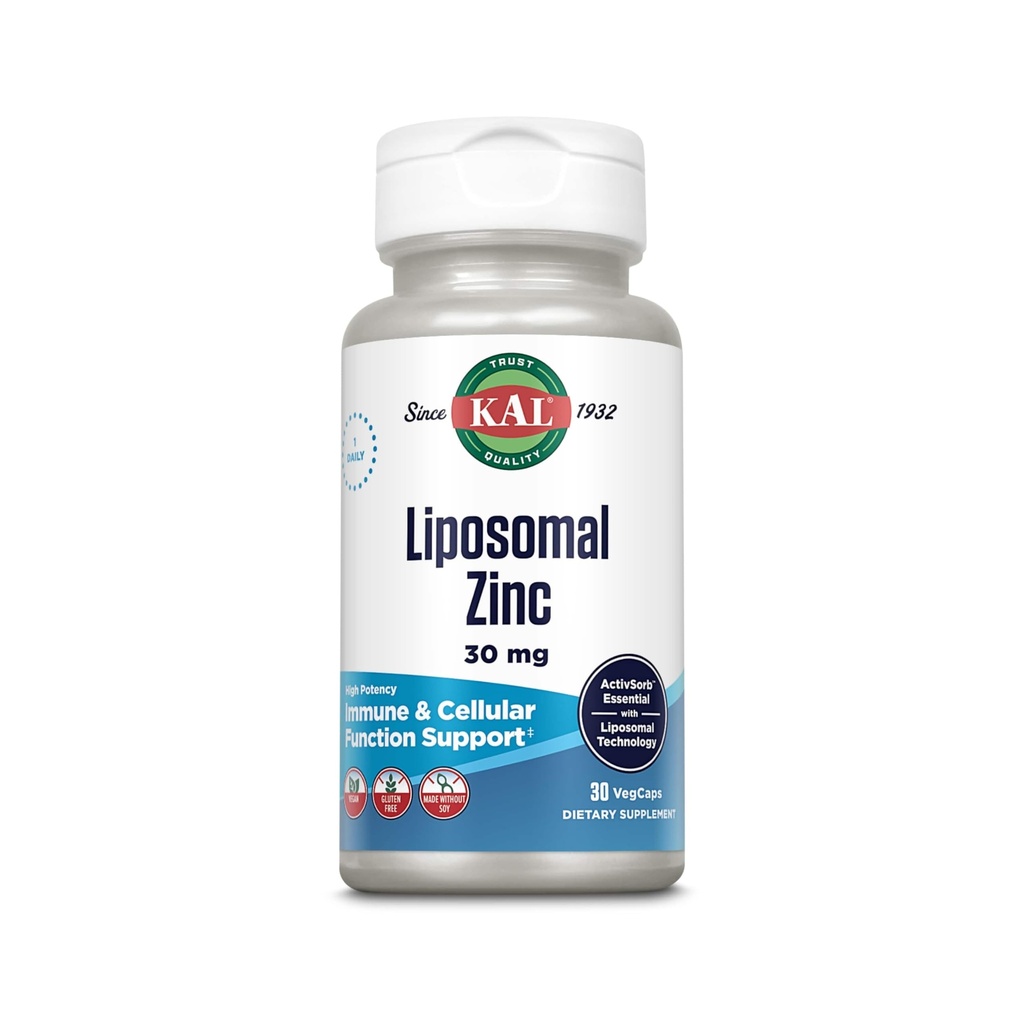 KAL Liposomal Zinc 30 מ"ג, הפונקציה התאית ו- Immune Support Supplement, Enhanced Absorption Zincs, טבעוני, Gluten Free, Soy Free, 30 משרתים, 30 VegCaps