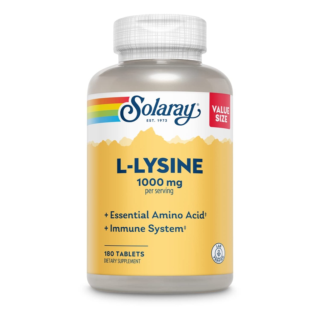 SOLAרי L-Lysine, חינם-Form 1000 מ"ג, Essential Amino Acid Immune תמיכה תוספת עם ויטמין C 1,000 מ"ג ו- Zinc 25 מ"ג, גודל ערך, מעבדה מאומתת, 60 יום ערבות, 60 משרתים, 180 טבליות