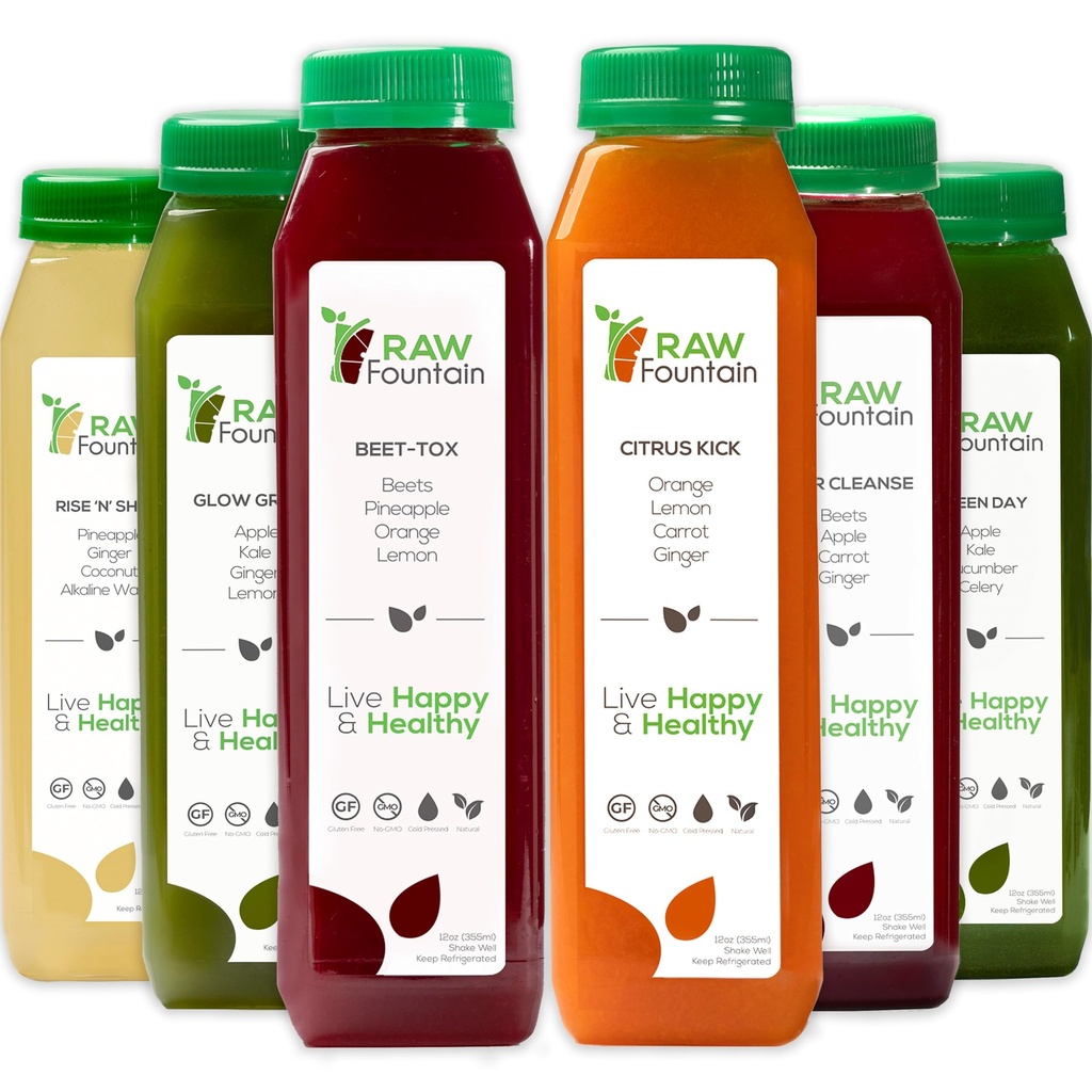 1 יום מיץ ניקוי על ידי Raw Fountain, All Natural Raw Detox ניקויse, Juicing for Body איפוס, Cold Pressed Juice Fast, Great Way to Jumpstart a Healthy Diet 6 בקבוקים 12oz