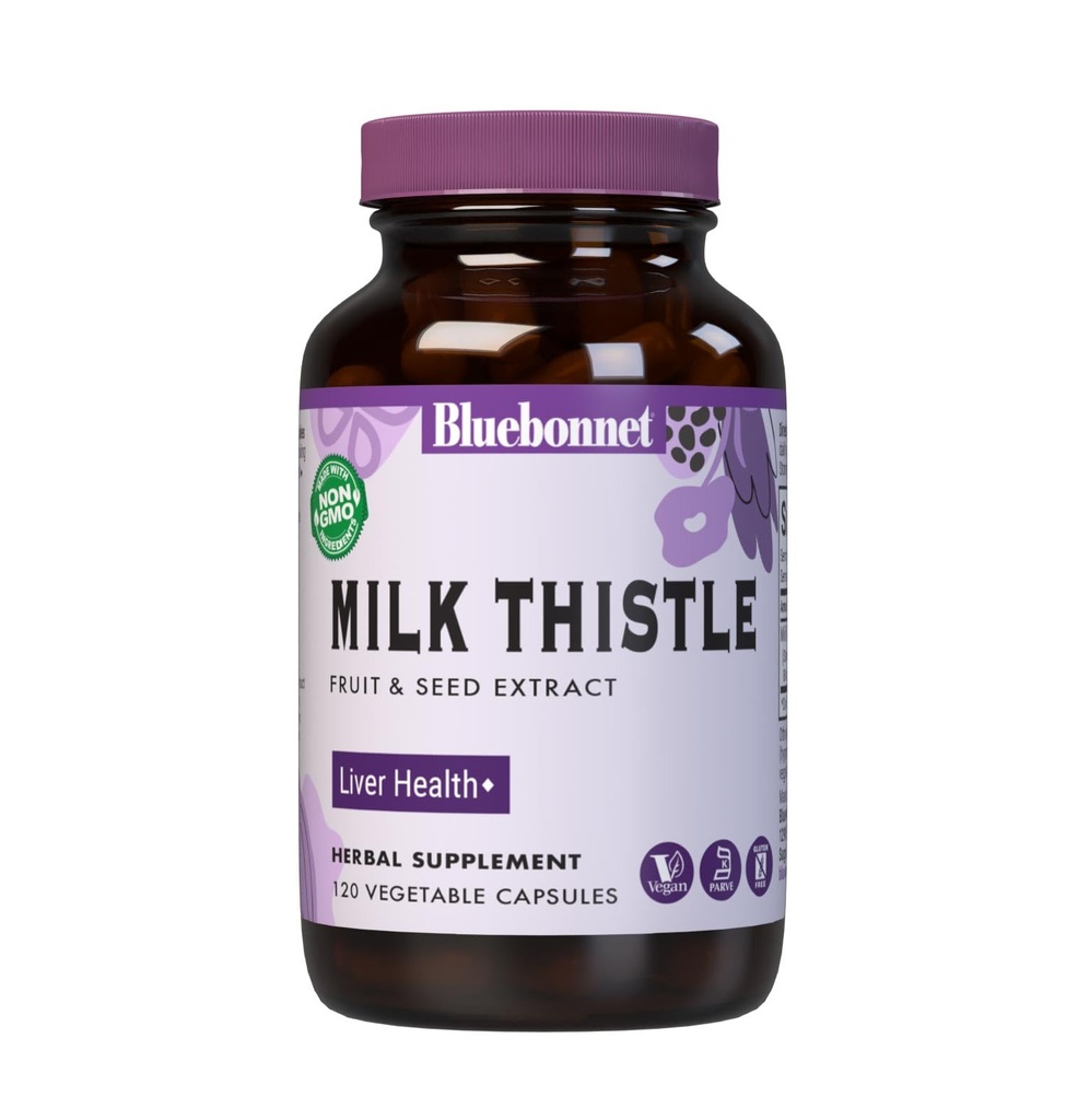 BlueBonnet Nutrition Milk Thistle פירות & Seed Extract, Liver Health *, Non-GMO, טבעוני, מוסמך כשר, Gluten-Free, Soy-Free, 120 קפסולות ירקות, 120 משרתים