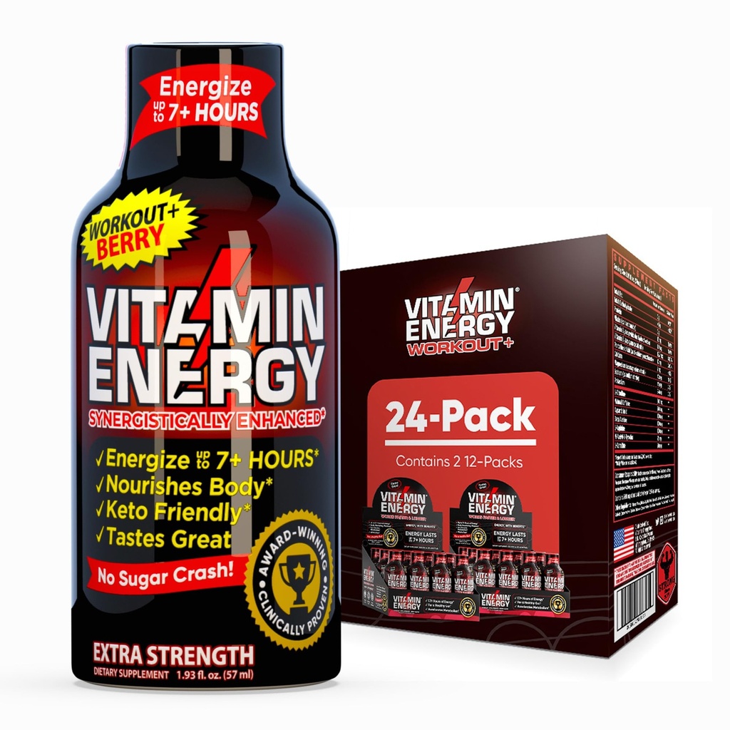 ויטמין אנרגיה Workout + תוספת כוח אנרגיה לירות ברי 24 Pack, 260 מ"ג טבעי קפאין, Pre-Workout, B-Vitamins, מינרלים, Endurance & Performance, Zero Sugar, Gluten-Free, טבעוני, 1.93 fl oz oz oz oz ozoz oz oz oz oz oz oz oz oz oz
