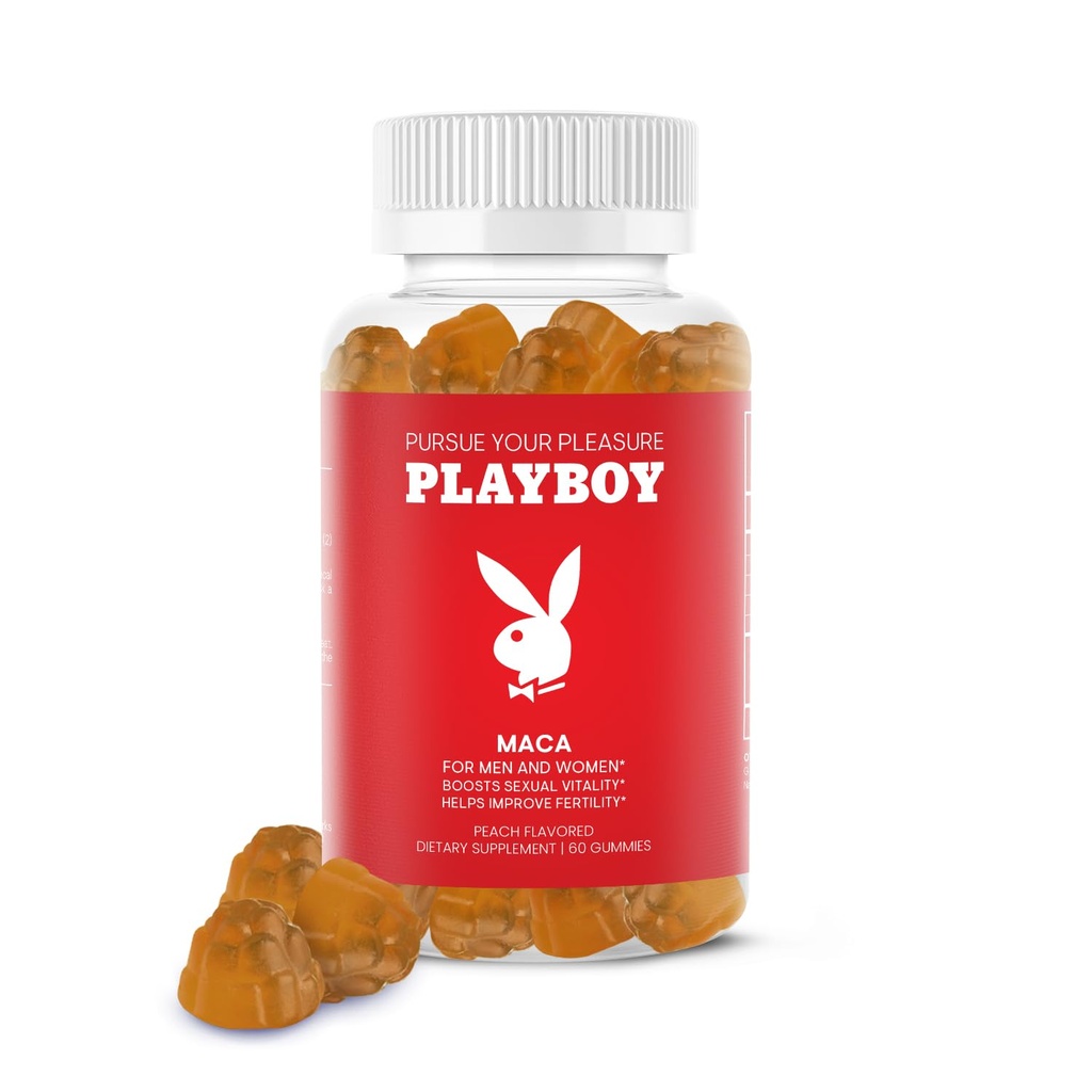 Playboy - Maca Root Gummies for Women and Men (60 Count - Peach Flavored) - Boost Sexual Vitality, Libido, Fertility - Supplement - 100% Natural, Vegan Non GMO - 4:1 Extract Maca Peruana