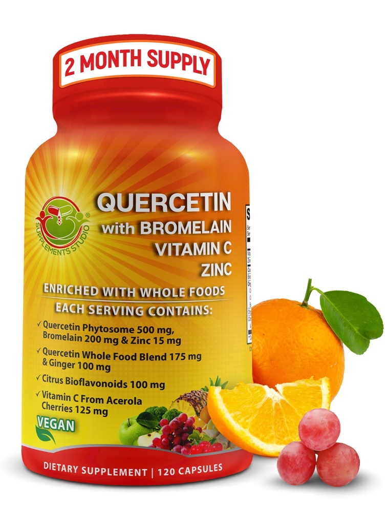 Quercetin with Bromelain ויטמין C ו- Zinc Enriched with Organic Whole Foods - 1215 מ"ג למשרת - Quercetin Phytosome 500 מ"ג קפסולות עם ג'ינג'ר ו- Flavonoids for Immune Support - 120 Count Count