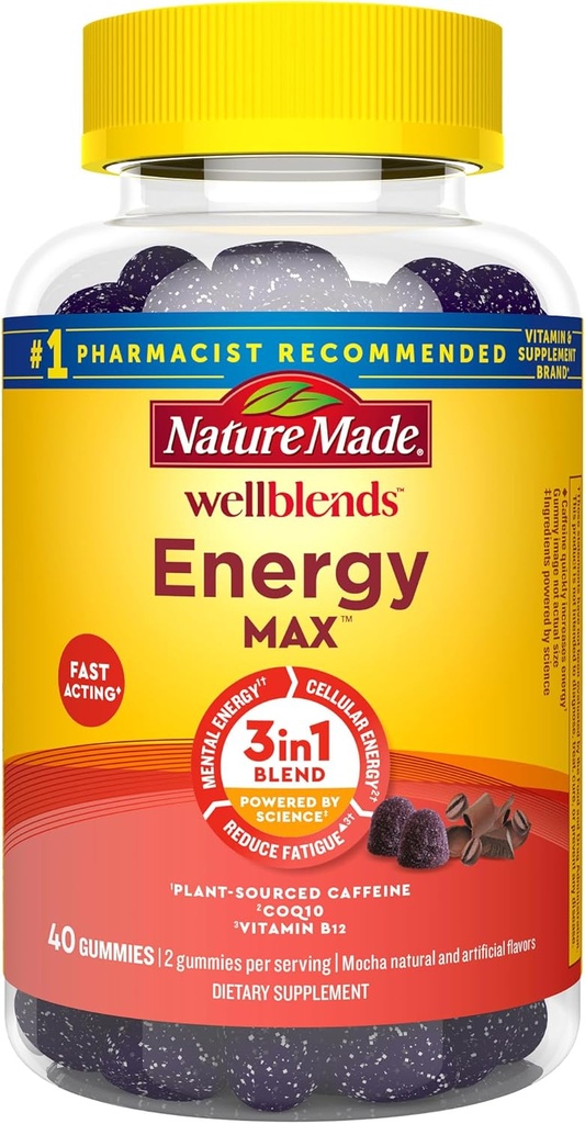Nature Made Wellblends EnergyMAX Gummies, Fast Acting Caffeine, CoQ10 & ויטמין B12 1000mcg, אנרגיה תומכת חניכיים ויטמין, 40 חניכיים