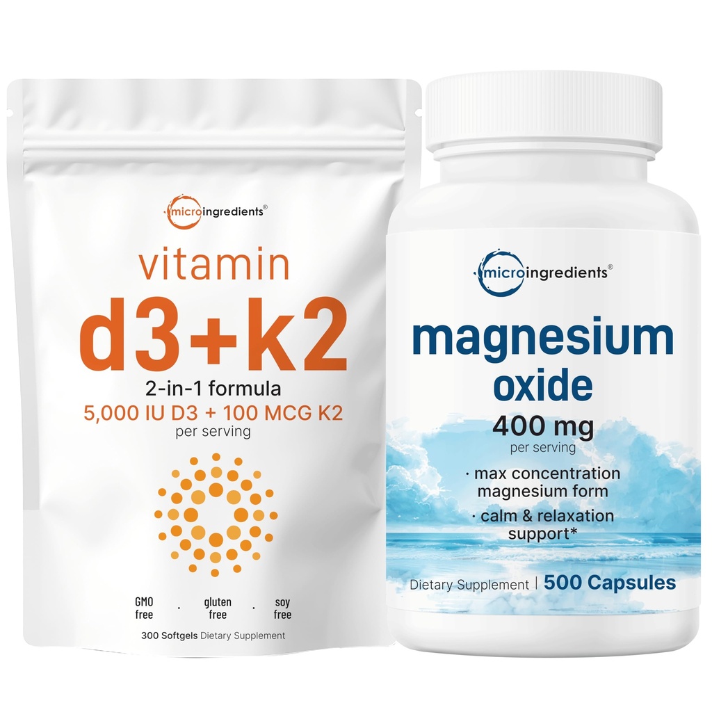 מיקרו Ingredients ויטמין D35,000יו + K2 100mcg Softgels & Magnesium Oxide 400 מ"ג Bundle Pack | Essential Sunshine ויטמיניםs | טופס אלמנט עבור Max ריכוז