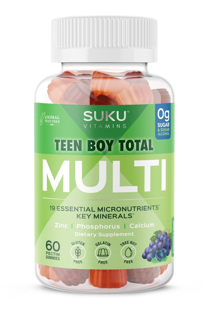 SUKU Teen Boy Multivitamin Gummies - ויטמינים A, B12, C, D3, E, Zinc & Biotin - סוכר חינם Vegetarian תוספת עבור אנרגיה, צמיחה, Immune & Bone בריאות - Grape Flavor - 60 Count