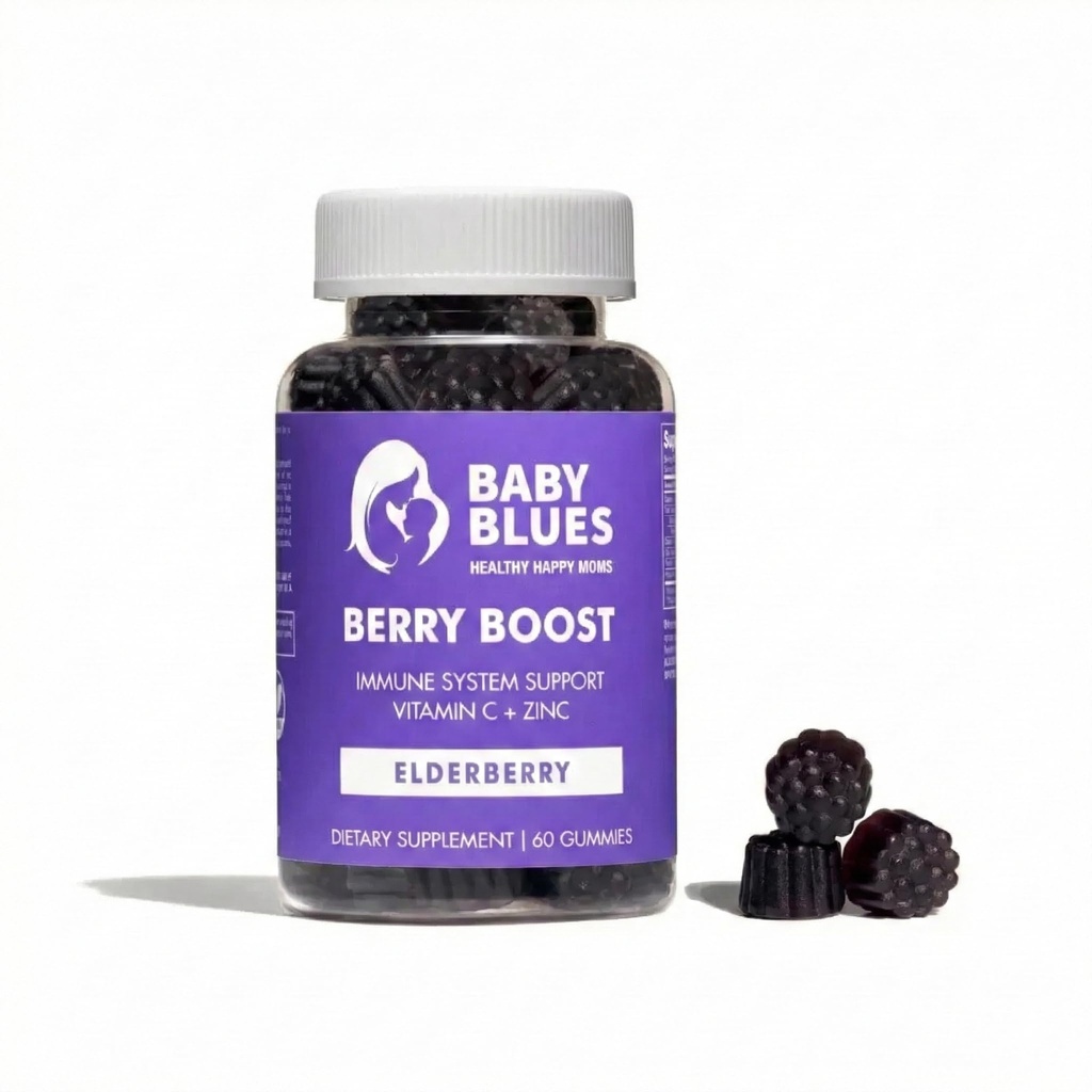 Baby Blues Berry Boost for Moms, Immunity Elderberry Gummies Immune תוספת עם ויטמין C ו- Zinc למבוגרים, Non-GMO Immune System ויטמינים Booster Vegan Gluten Freemies, 60pcs