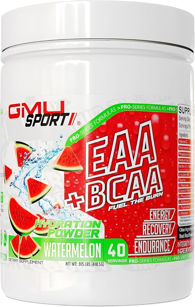 GMU SPORT EAA + BCAA אבקת - חיוני Amino Acids & משקה אלקטרוליטי, הידרציה, התאוששות עבור גברים ונשים | משקה תמיכה שרירים עבור רציפות | סוכר חינם Aminos - 40 משרתים - Watermelon