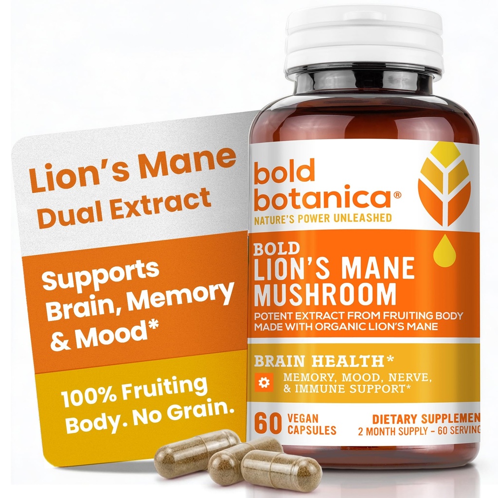 קפסולות Mane Mushroom של Bold הבוטניקה - 100% פרי הגוף - תמצית של אריה אורגני - Nootropic Brain Health - Memory, Mood, Immune Support - 60 קפסולות טבעוניות