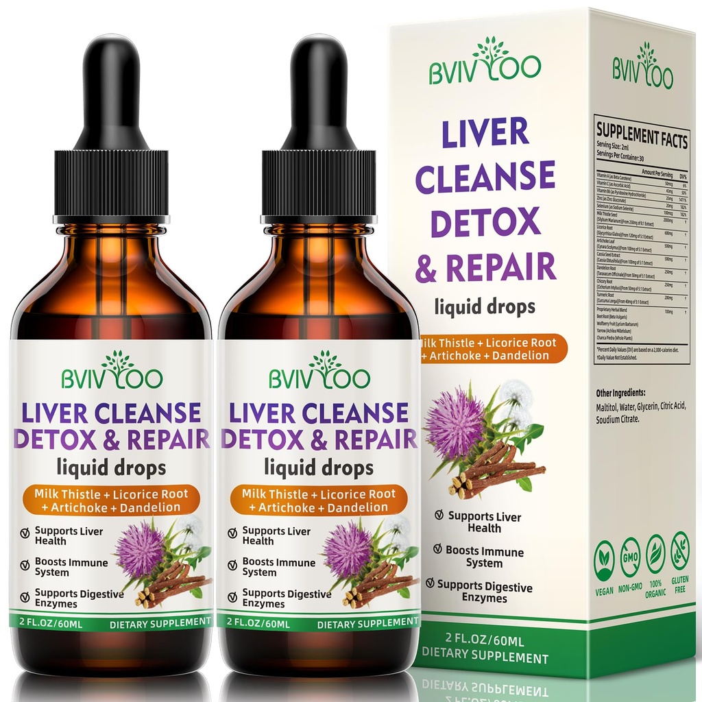2 Pack Liver Health Liquid Drops - 2000 מ"ג חלב Thistle, Dandelion Root, Artichoke, Silymarin Extract, & Turmeric Herbs - טבעוני, non-GMO - 4 Fl Oz (120 מ"ל)