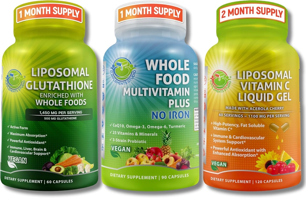 Daily Immune, Antioxidant & Energy Support Bundle - Liposomal Glutathione 500 מ"ג עם Whole Foods + Liposomal ויטמין C 1100 מ"ג נוזלי + טבעוני מזון רב ויטמין ללא ברזל