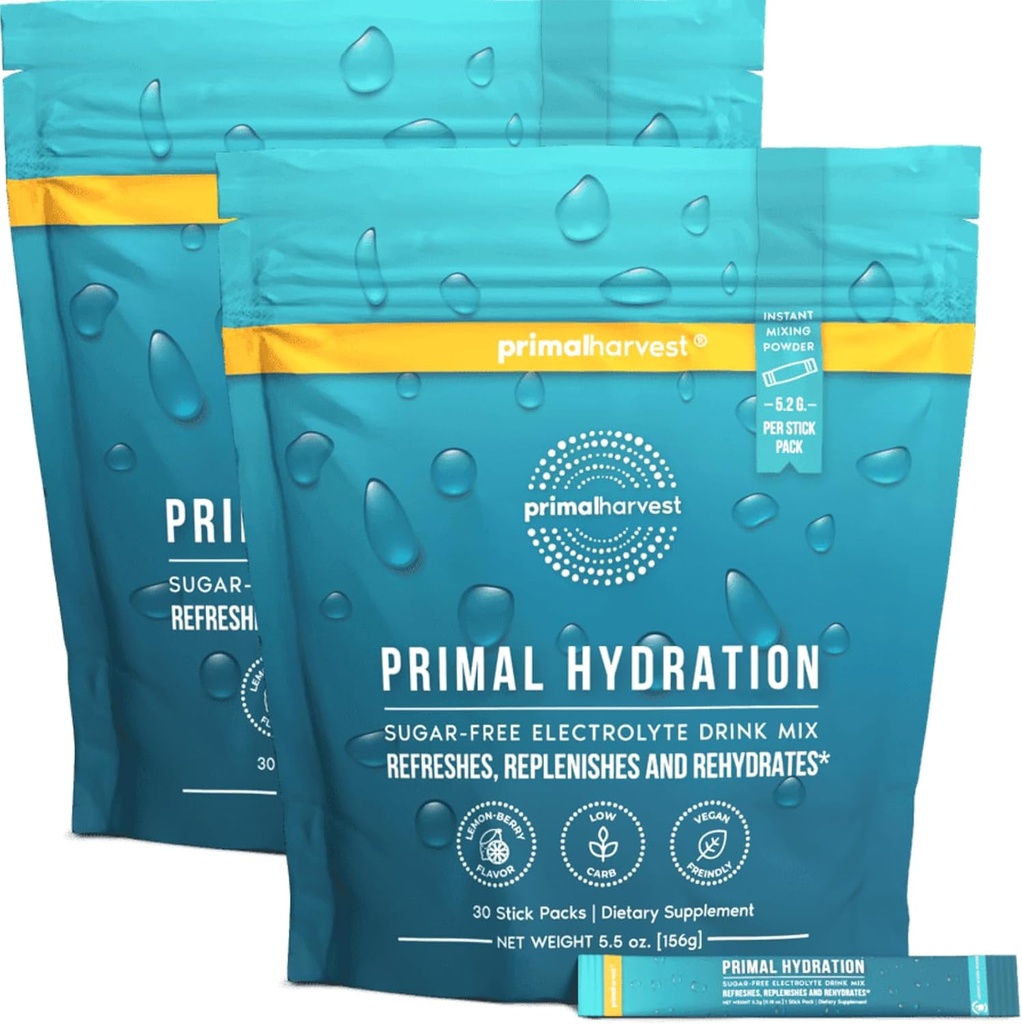 אבקה אלקטרוליטים (Primal Harvest Electrolytesאבק Packets Primal Hydration, Easy Open Packets, Energy Drink 2 Pack Bundle (Lemon Berry, 60 Packs)