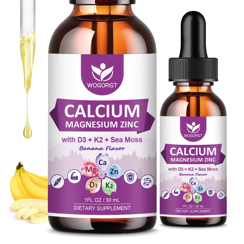 WOGORGT Calcium Citrate 1000mg with Vitamin D3 for Women & Men - Liquid Calcium Magnesium Zinc D3 K2 Supplement for Bone, Teeth Support, Sugar Free, Vegan, Banana Flavor - 1 Fl Oz (2 Pack)