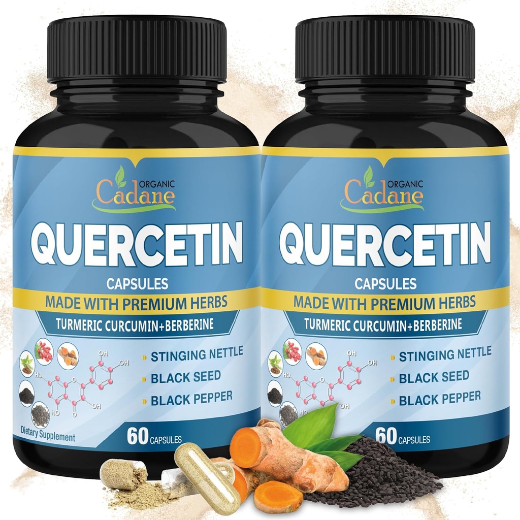 אורגני Cadane 2 Packs Quercetin תוספי קפסולות, 6in1 עם Turmeric, Berberine, Sting Nettle, Black Seed, Black Pepper - תומך במערכת החיסון - 4 חודשים אספקה