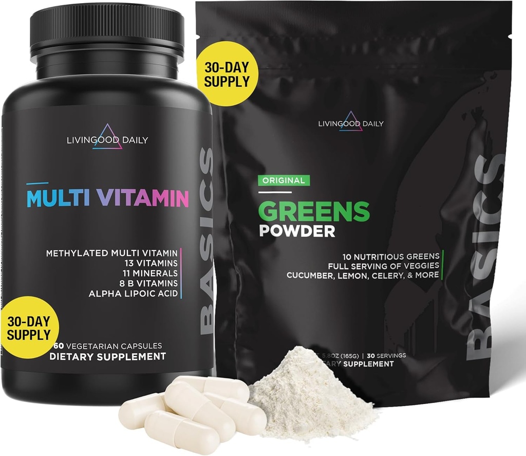 Livingood Daily Heart Valve Support Bundle - Multivitamins/Multiminerals Plus Greens אבקת עבור תמיכה תזונתית טובה - תוספי בריאות הלב