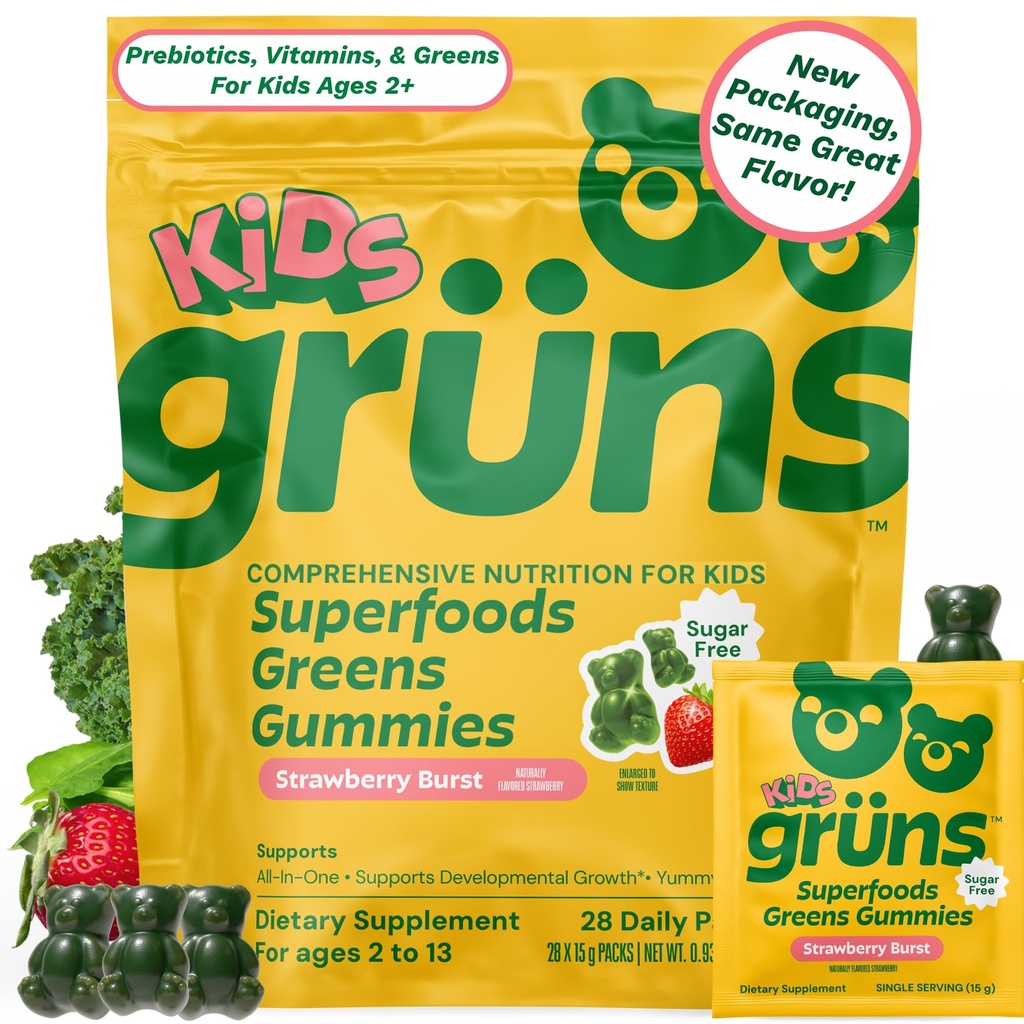 Garns Kids ויטמינים, Super Greens Gummies, סוכר חינם Super Gumfoodmy Bears with Spirulina, Chlorella, Prebiotics סיבים לבריאות העיכול, תוספים, 20 ויטמינים ומינרלים, 28 יום Pack